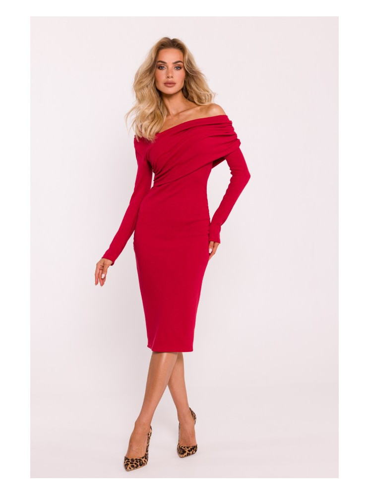 M820 Asimetriško kirpimo suknelė iš ripsuoto trikotažo - raudona