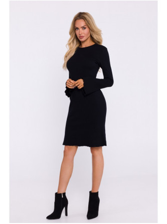 M821 Platiaraičių rankovių suknelė iš stambaus mezgimo - juoda