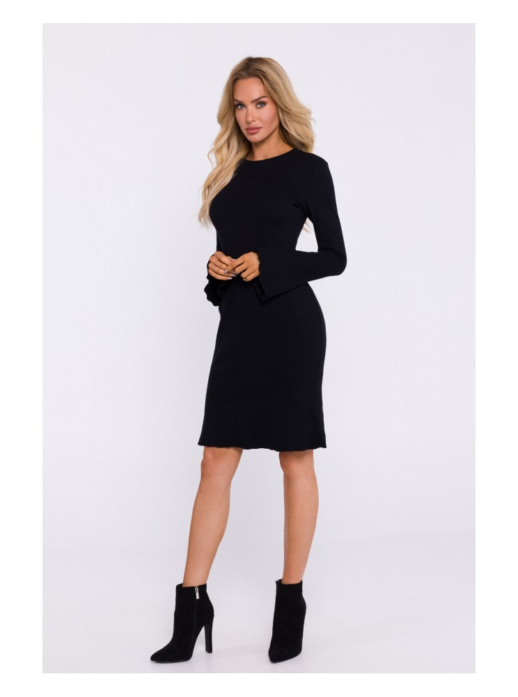 M821 Platiaraičių rankovių suknelė iš stambaus mezgimo - juoda