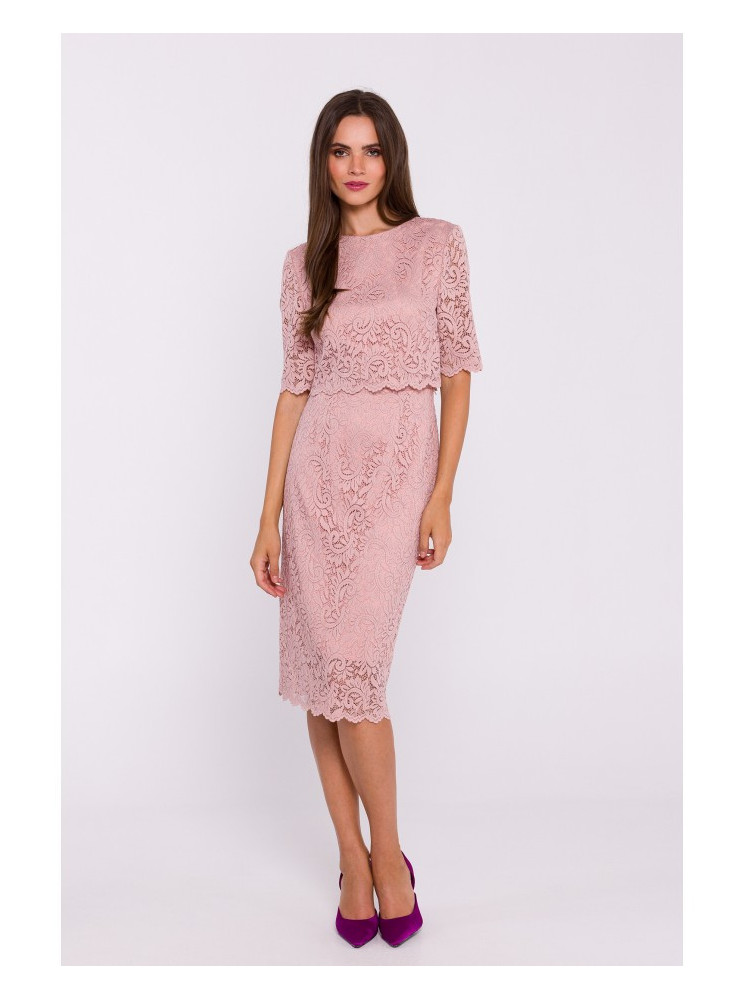 S379 Nėriniuota suknelė su dvigubo sluoksnio viršumi - pudros