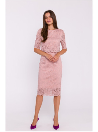 S379 Nėriniuota suknelė su dvigubo sluoksnio viršumi - pudros