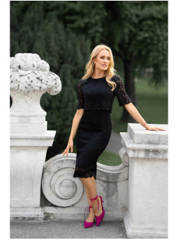 S379 Nėriniuota suknelė su dvigubo sluoksnio viršumi - juoda