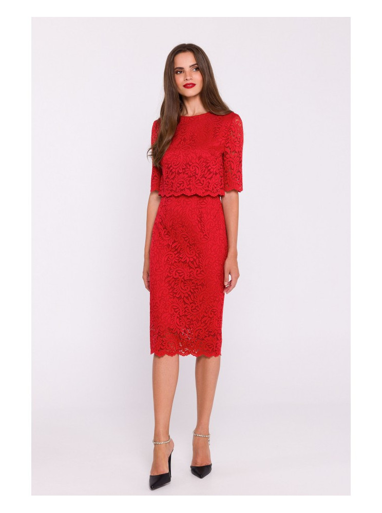 S379 Nėriniuota suknelė su dvigubo sluoksnio viršumi - raudona