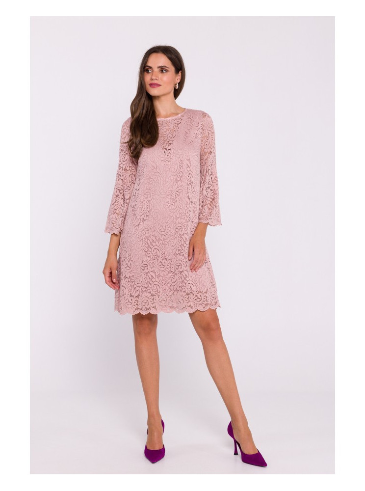 S380 Trapecijos silueto nėriniuota suknelė - pudros