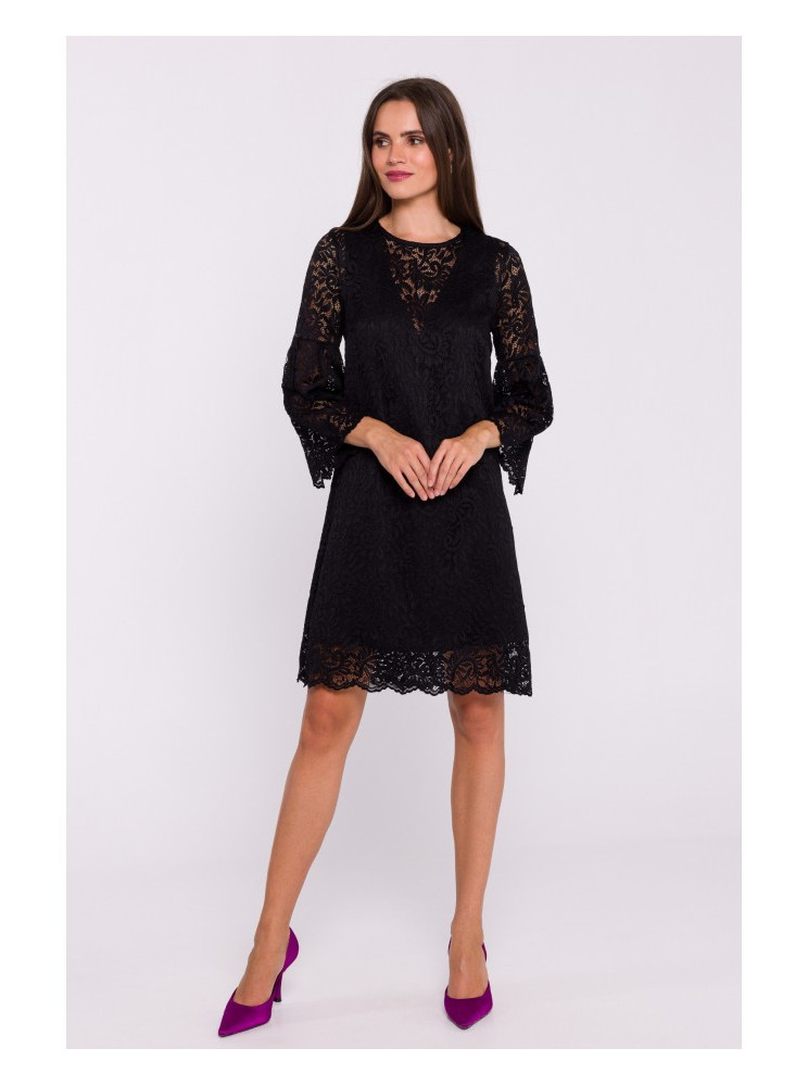 S380 Ažūrinė trapecijos formos suknelė - juoda