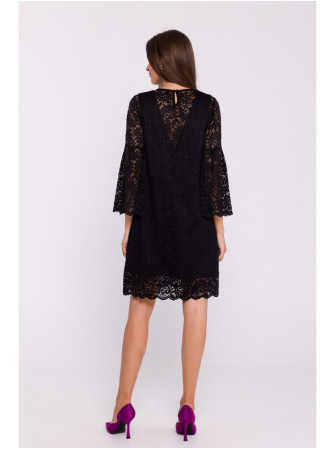 S380 Trapecijos silueto nėriniuota suknelė - juoda