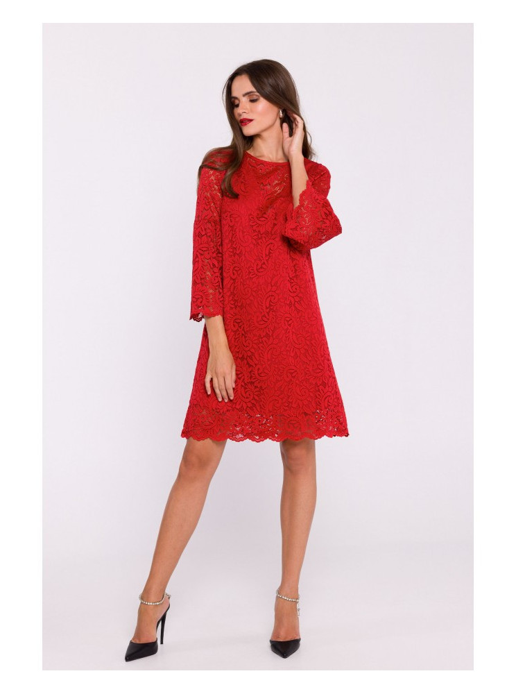 S380 Trapecijos silueto nėriniuota suknelė - raudona