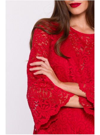 S380 Trapecijos silueto nėriniuota suknelė - raudona
