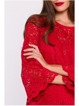 S380 Trapecijos silueto nėriniuota suknelė - raudona