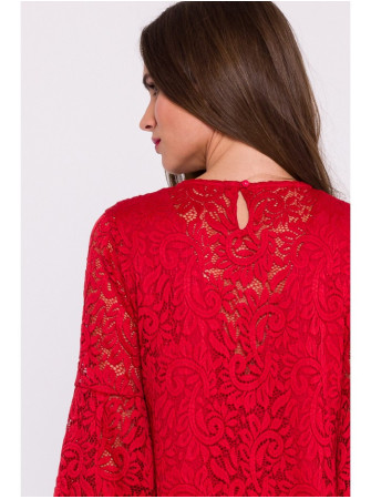 S380 Trapecijos silueto nėriniuota suknelė - raudona