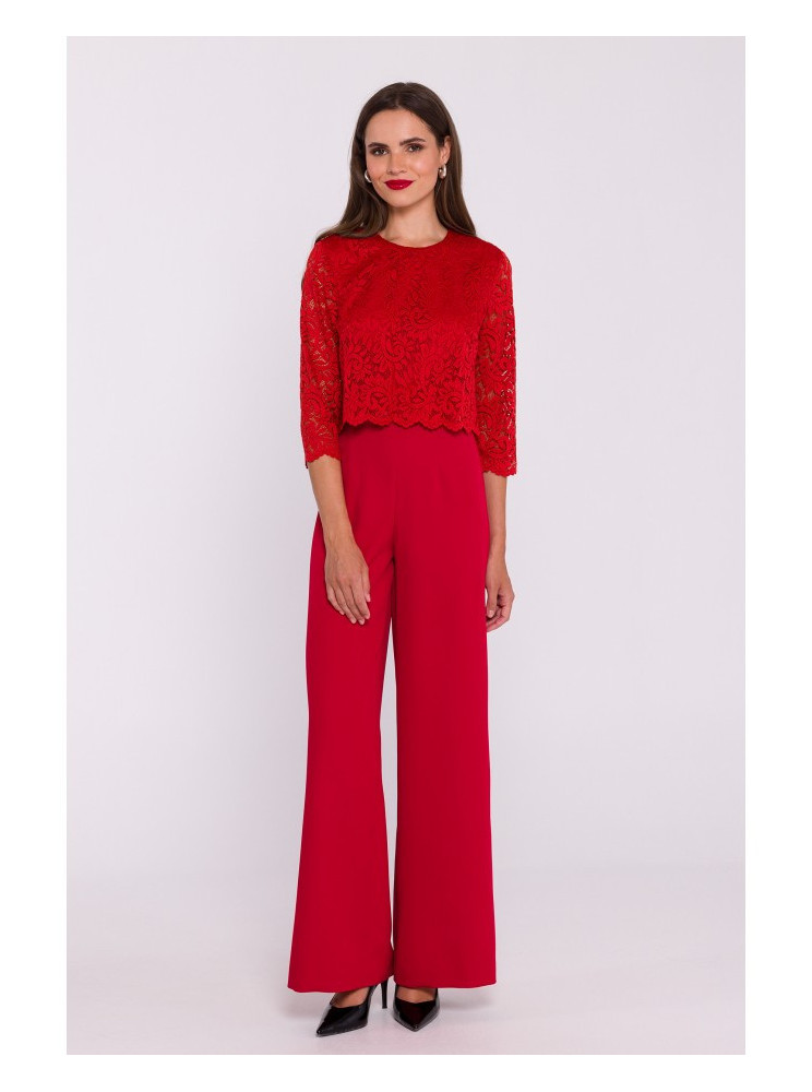 S381 Raštuoti nėriniais puoštas kombinezonas - raudona