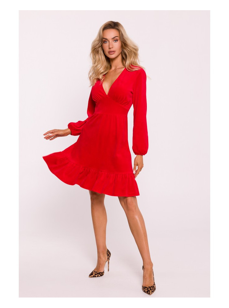 M826 Velvetinė suknelė V formos iškirpte - raudona