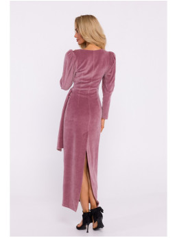 M828 Aksominė, gilios V formos iškirptės ilga suknelė - crepe pink