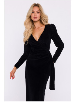 M828 Prabangus velvetinis ilgo kirpimo suknelė gilia iškirpte - juoda