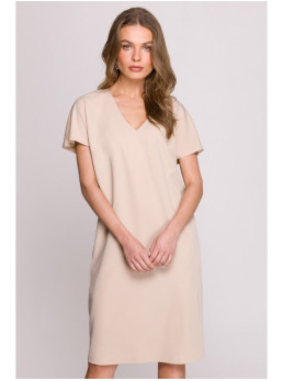 S392 Laisvo silueto suknelė su V formos iškirpte - smėlio