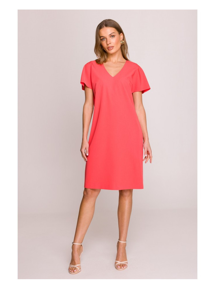S392 Laisvo stiliaus suknelė su V formos iškirpte - koralinė