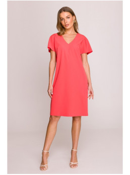 S392 Laisvo stiliaus suknelė su V formos iškirpte - koralinė