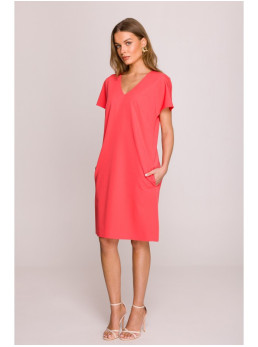 S392 Laisvo stiliaus suknelė su V formos iškirpte - koralinė