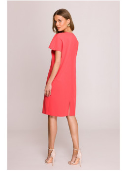 S392 Laisvo stiliaus suknelė su V formos iškirpte - koralinė