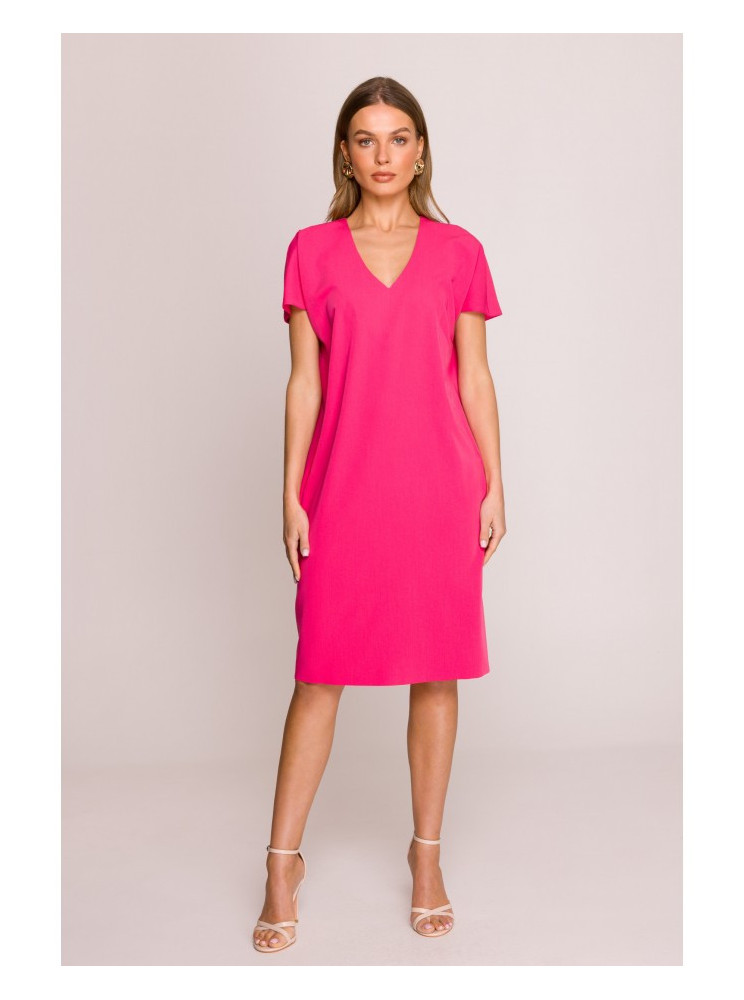 S392 Laisvo stiliaus suknelė su V formos iškirpte - rožinė