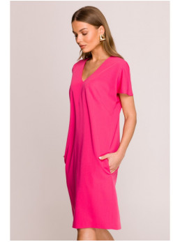 S392 Laisvo stiliaus suknelė su V formos iškirpte - rožinė