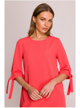 S393 A silueto suknelė su raišteliais ant rankovių - koralinė