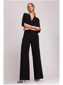 S395 Plačios kelnės kombinezonas su klostuota iškirpte - juoda