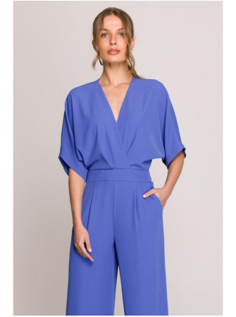 S395 Plačios kelnės kombinezonas su apgaubiančia iškirpte - mėlyna