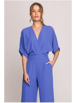 S395 Plačios klešnės kombinezonas su apgaubiančia iškirpte - mėlyna