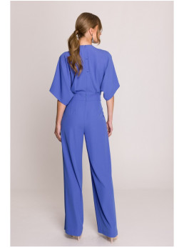 S395 Plačios kelnės kombinezonas su apgaubiančia iškirpte - mėlyna