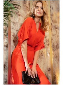 S395 Plačios kelnės kombinezonas su apgaubiančia iškirpte - koralinė