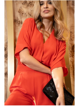 S395 Plačios kelnės kombinezonas su apgaubiančia iškirpte - koralinė