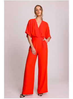 S395 Plačios kelnės kombinezonas su apgaubiančia iškirpte - koralinė