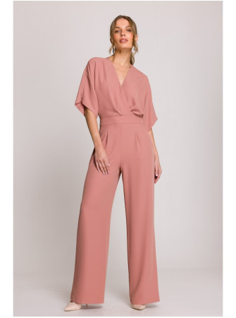 S395 Plačios kelnės kombinezonas su apgaubiančia iškirpte - rožių