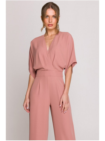 S395 Plačios kelnės kombinezonas su apgaubiančia iškirpte - rožių