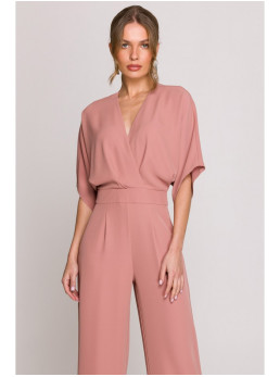 S395 Plačios kelnės kombinezonas su klostuota iškirpte - rožių