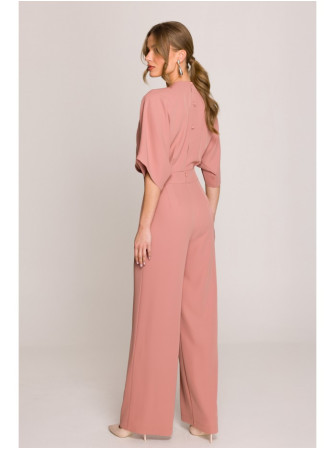 S395 Plačios kelnės kombinezonas su apgaubiančia iškirpte - rožių