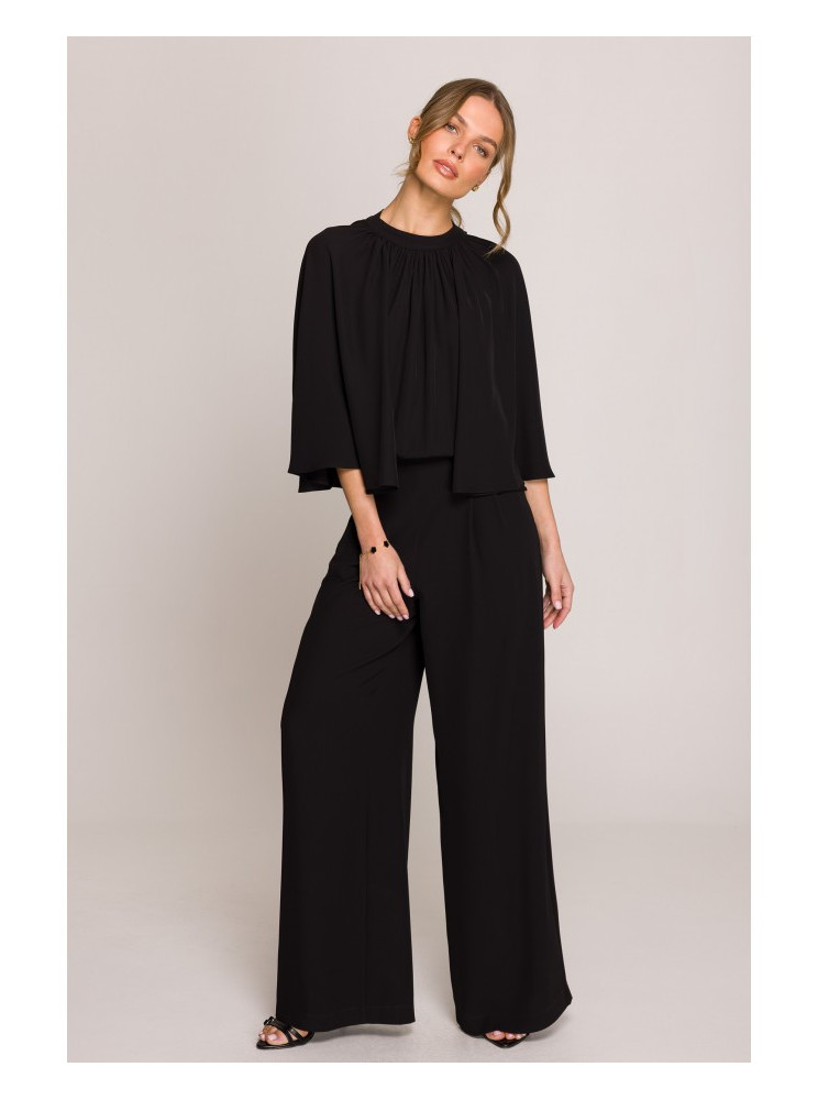 S397 Plačiarankovis kombinezonas atvira nugara - juoda