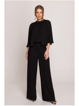 S397 Plačiarankovis kombinezonas atvira nugara - juoda