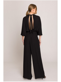 S397 Plačiarankovis kombinezonas atvira nugara - juoda