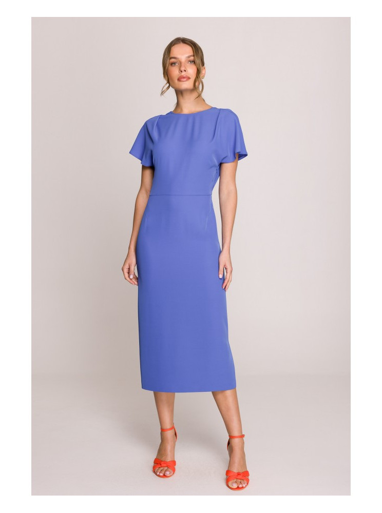 S398 Pieštuko silueto suknelė su skeltuku - mėlyna