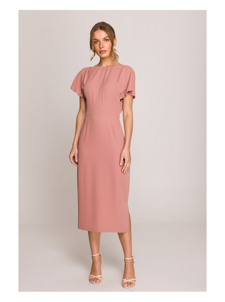 S398 Pieštuko silueto suknelė su skeltuku - rožių