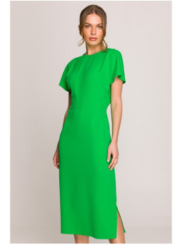 S398 Žalia suknelė pieštuko siluetu su skeltuku - žalia