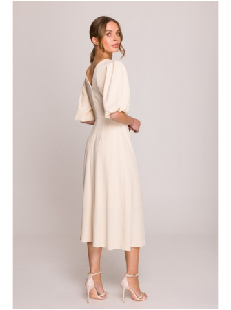 S400 Kreminės spalvos suknelė pūstomis rankovėmis - kreminė