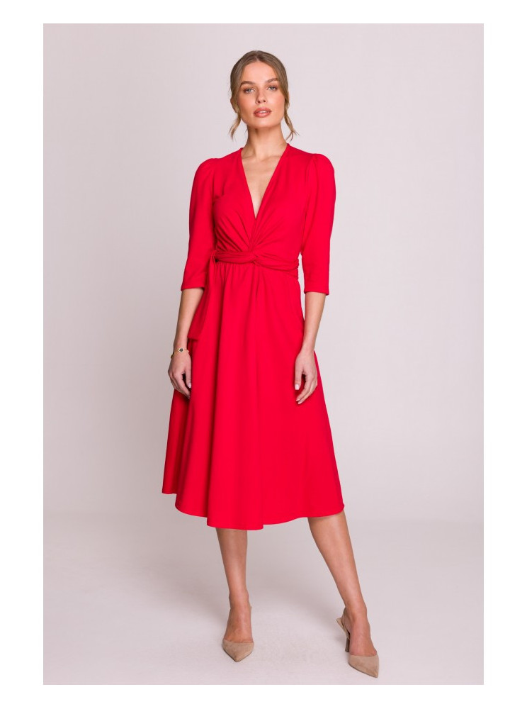 S404 Raštuotas megztas suknelė su dirželiu - raudona