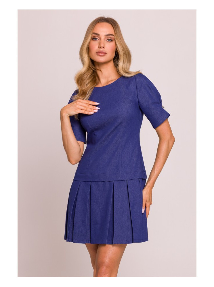 M842 Džinsinė suknelė su klostėmis - mėlyna