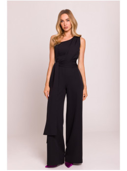 M845 Asimetriškas kombinezonas su juosmens juosta - juoda