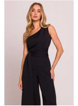 M845 Asimetriškas kombinezonas su juosmens juosta - juoda