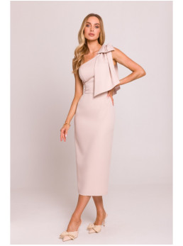 M847 Suknelė vienu petimi su kaspinu - light beige