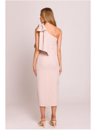 M847 Asimetriška suknelė su kaspinu per petį - light beige